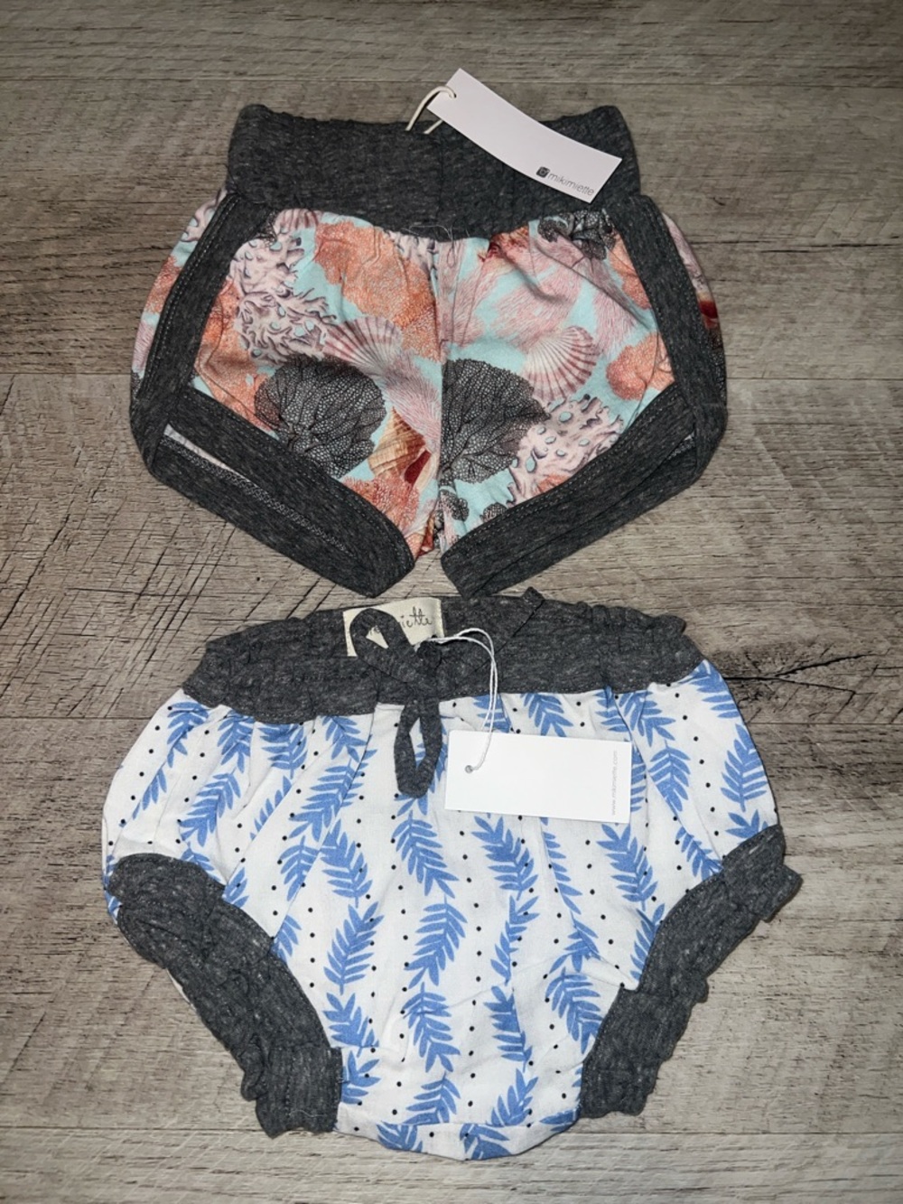 NEW Miki Miette Gray-Trim Shell Print Shorts & Blue Leaf Print Bloomers Set